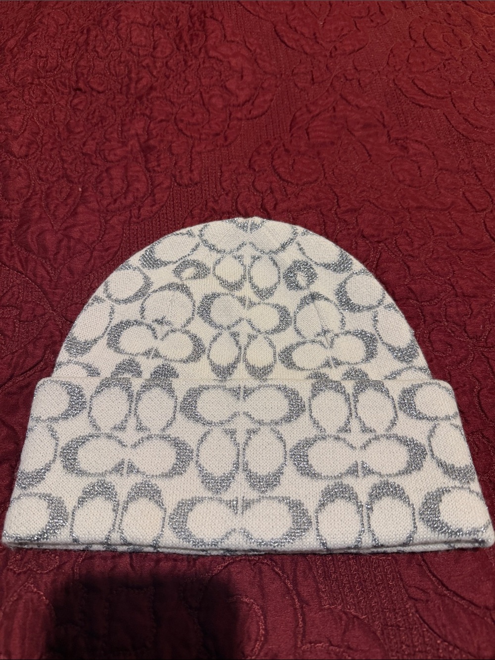 Coach Ivory Beanie with Silver Logo Jacquard